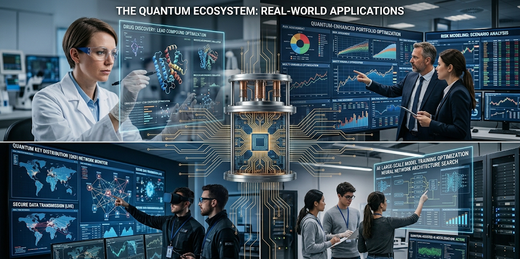 What Is Quantum Computing? How It Works and Why It Matters 4 Realistic illustration of quantum computing applications in medicine, finance, cybersecurity, and artificial intelligence