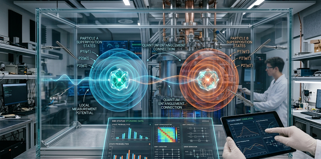 What Is Quantum Computing? How It Works and Why It Matters 3 Realistic visualization of quantum superposition and entanglement showing connected quantum particles