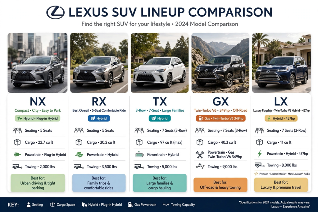 Lexus RX vs NX vs GX vs LX vs TX: Which Lexus SUV Is Right for You? 2 Lexus SUV lineup comparison find the right SUV for your lifestyle 2024 model comparison NX compact city easy to park hybrid plug-in hybrid 5 seats 22.7 cu ft cargo plug-in hybrid towing 2000 lbs urban driving RX best overall 5-seat comfortable ride hybrid 30.2 cu ft towing 3500 lbs family trips TX 3-row 7-seat large families hybrid 97 cu ft max towing 5000 lbs large families cargo hauling GX twin-turbo V6 349hp off-road gas 40.3 cu ft towing 9000 lbs off-road heavy towing LX luxury flagship twin-turbo V6 hybrid 457hp 11 cu ft towing 8000 lbs luxury premium travel leather Mark Levinson audio