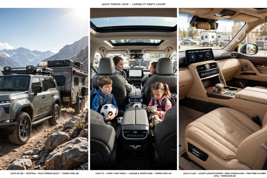 Lexus RX vs NX vs GX vs LX vs TX: Which Lexus SUV Is Right for You? 3 Lexus towing lineup capability meets luxury GX 550 Overtrail multi-terrain select towing 9000 lbs off-road rocky trail TX 350 3-row 7-seat family luggage sports gear towing 5000 lbs interior kids soccer LX 600 luxury flagship interior Mark Levinson audio twin-turbo V6 hybrid 457hp towing 8000 lbs massage zero gravity seat