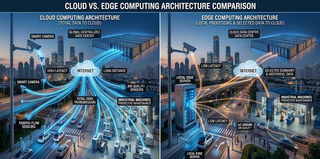 Edge Computing vs Cloud Computing: Key Differences, Benefits, and Future Outlook 2 Comparison of edge computing and cloud computing architecture showing local and centralized data processing