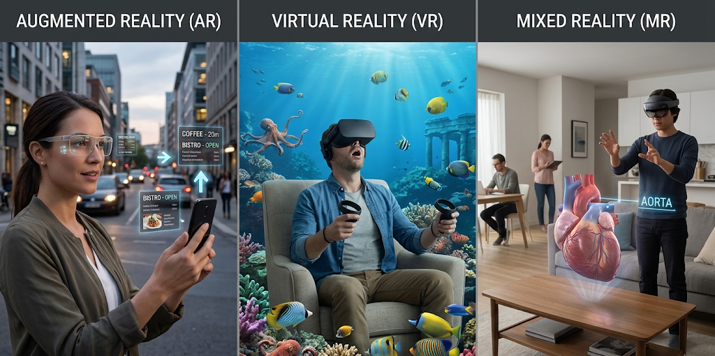 A person using an extended reality headset with AR, VR, and MR digital elements in a modern workspace