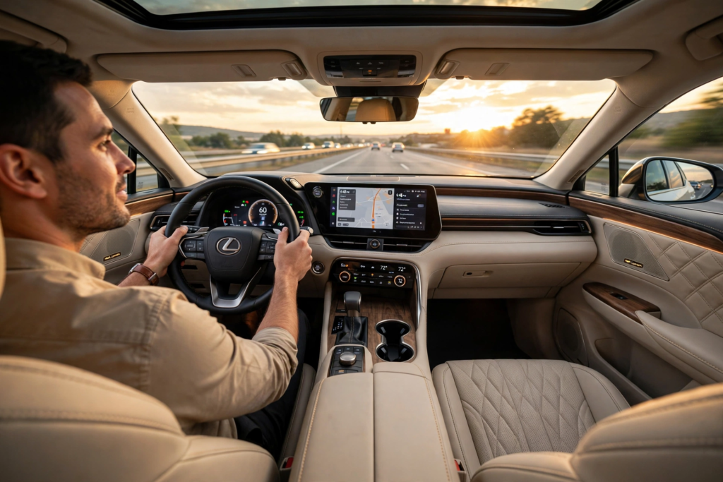  Luxurious Lexus interior with premium leather seats and quiet cabin showing comfort worth the upgrade on highway at sunset