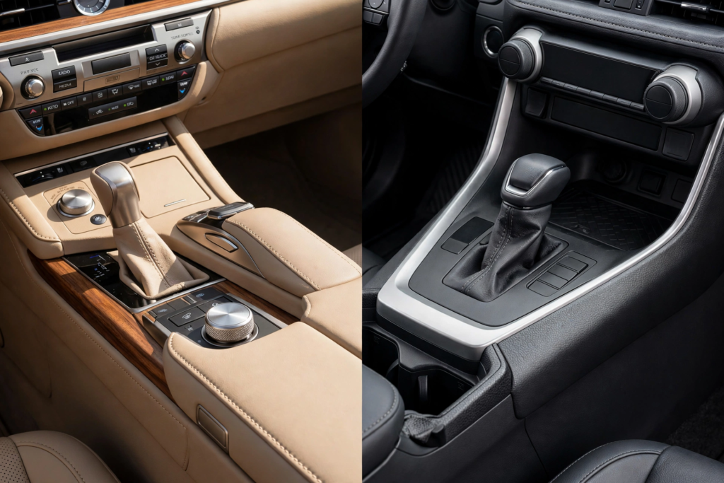 Close-up comparison of Lexus premium interior with wood trim and stitching versus Toyota practical durable interior with modern controls