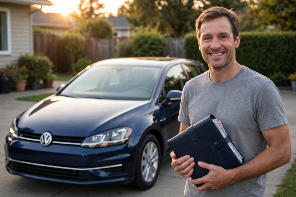 Are Volkswagen Cars Reliable? Long-Term Reliability, Common Problems and Owner Reviews 3 Happy Volkswagen Golf owner with high mileage holding complete service records proving maintenance history in driveway at sunset