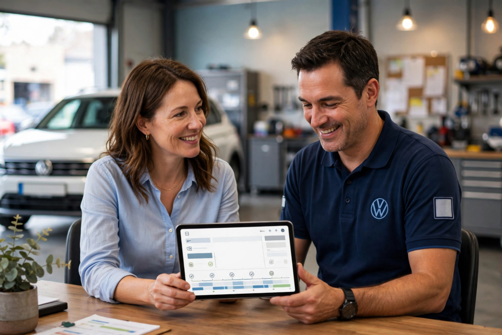 Volkswagen Maintenance Costs Explained: How Expensive Is It to Own a VW? 3 Volkswagen owner comparing maintenance costs with service advisor reviewing service schedule on tablet in shop office