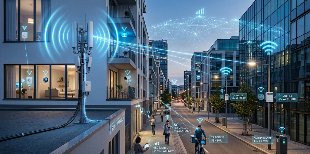 5G network connecting IoT devices, autonomous vehicles, and smart technology systems