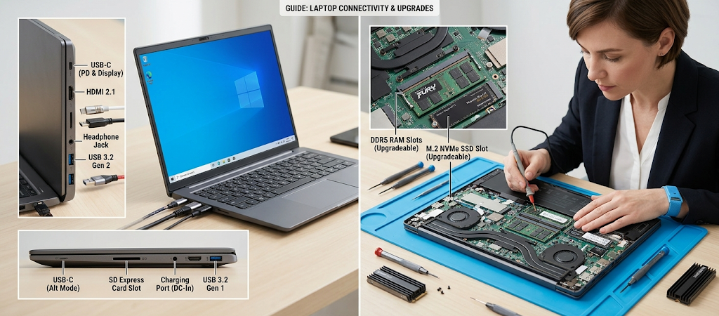 12 Common Mistakes to Avoid When Buying a Laptop 4 Laptop ports and internal upgrade components showing connectivity and future upgrade options.