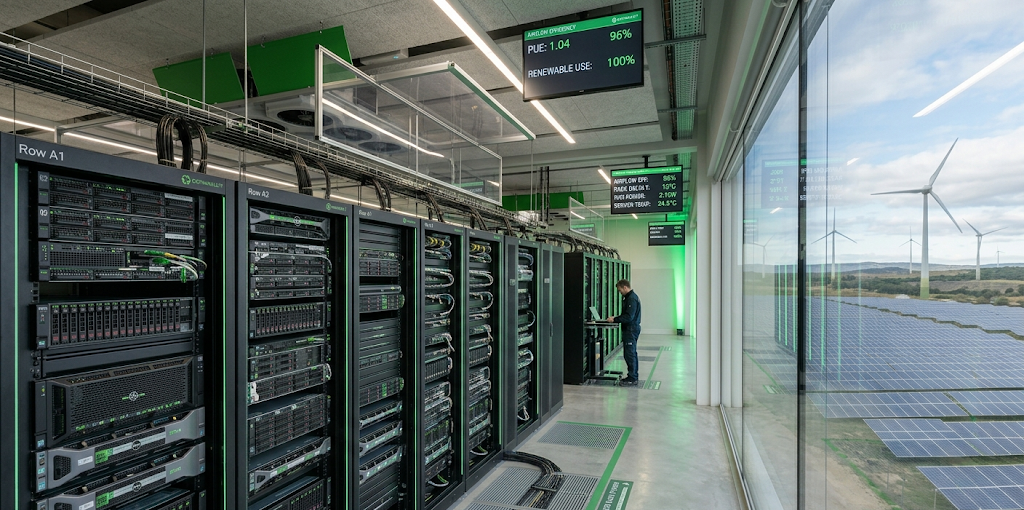Energy-efficient data center with advanced cooling systems and optimized servers reducing technology energy consumption