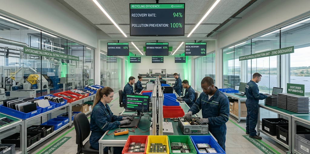 Electronic waste recycling facility managing old computers and devices through sustainable technology disposal