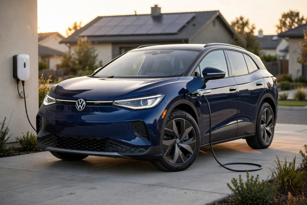 Most Fuel-Efficient Volkswagen Models Ranked: Complete MPG and Real-World Fuel Economy Guide 3 Fuel-efficient Volkswagen ID.4 Pro charging at home driveway showing electric range for gas-free daily driving with solar panels