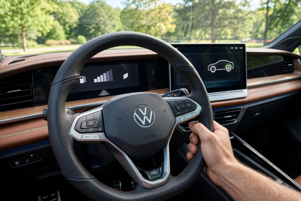 Most Fuel-Efficient Volkswagen Models Ranked: Complete MPG and Real-World Fuel Economy Guide 2 Close-up of Volkswagen Tiguan digital cockpit showing fuel economy display and eco driving mode with driver hand on wheel