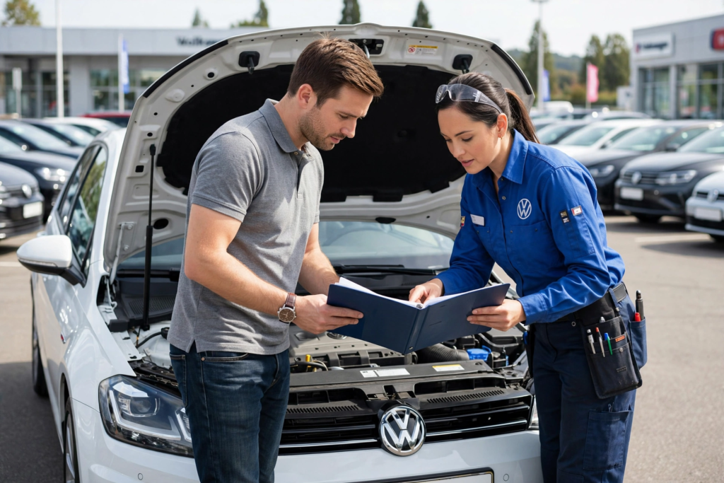 Best Used Volkswagen Models to Buy: Top 5 for Value, Reliability and Resale 3 Buyer and female VW mechanic inspecting used white Golf Mk7 with service history folder in dealership lot for value check