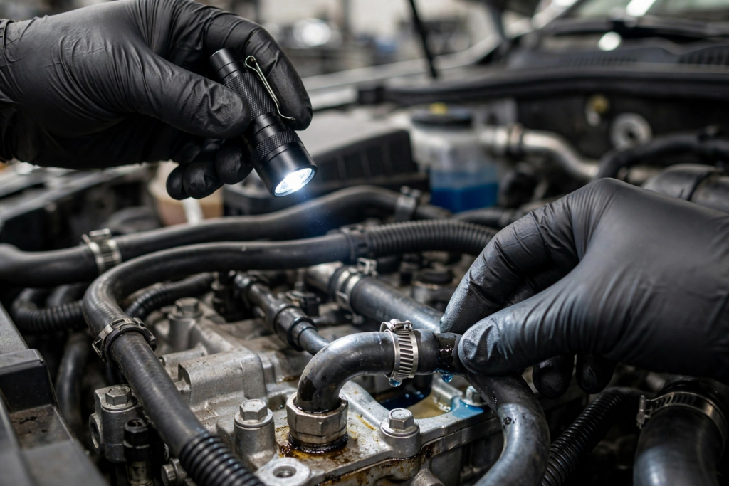 Best Used Volkswagen Models to Buy: Top 5 for Value, Reliability and Resale 2 Close-up pre-purchase inspection of used Volkswagen engine bay with flashlight checking for coolant and oil leaks