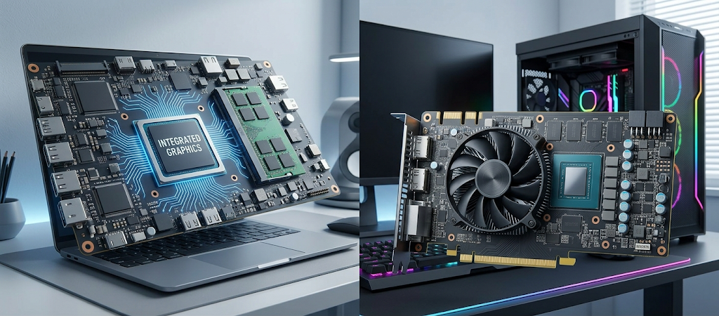 Integrated graphics inside a processor compared with a separate dedicated GPU graphics card in a modern computer system.