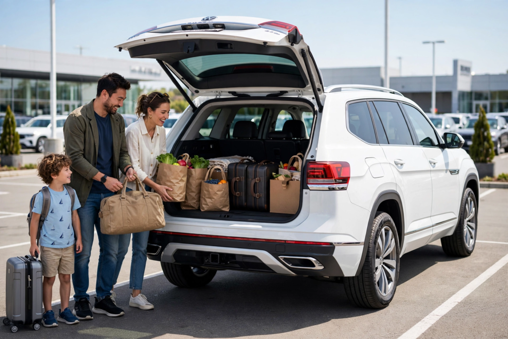 Volkswagen SUV Lineup Compared: Tiguan vs Atlas vs Taos vs Tiguan Allspace 2 Family loading groceries and luggage into white Volkswagen Atlas cargo area demonstrating 96.6 cubic feet space vs compact Taos