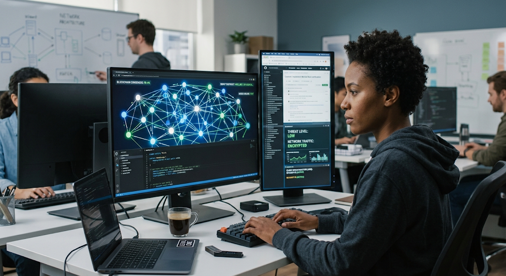 Top 10 Future-Proof IT Careers and Skills for the Next Decade 3 Blockchain developer creating smart contracts and managing a decentralized digital network