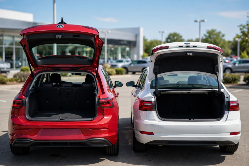 Volkswagen Golf hatchback vs Jetta sedan rear comparison showing hatchback cargo flexibility versus traditional trunk for everyday drivers
