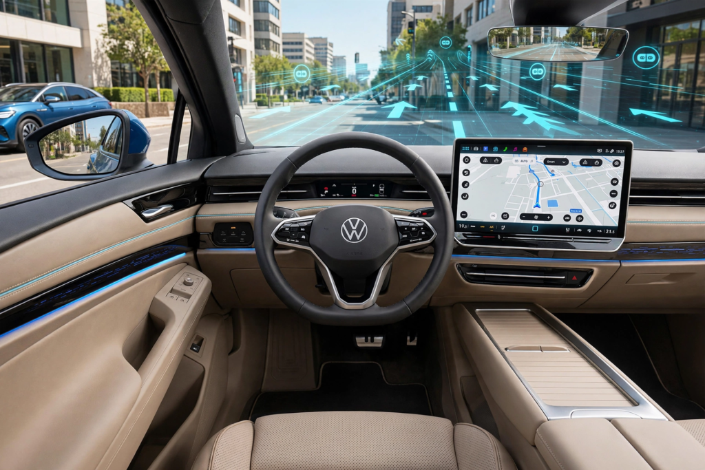  Interior of Volkswagen ID.7 showing large touchscreen infotainment and augmented reality head-up display for long-distance comfort and tech