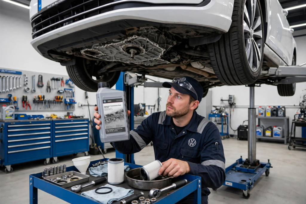 Volkswagen technician performing DSG transmission fluid and filter service under lifted Golf showing correct maintenance procedure with genuine fluid