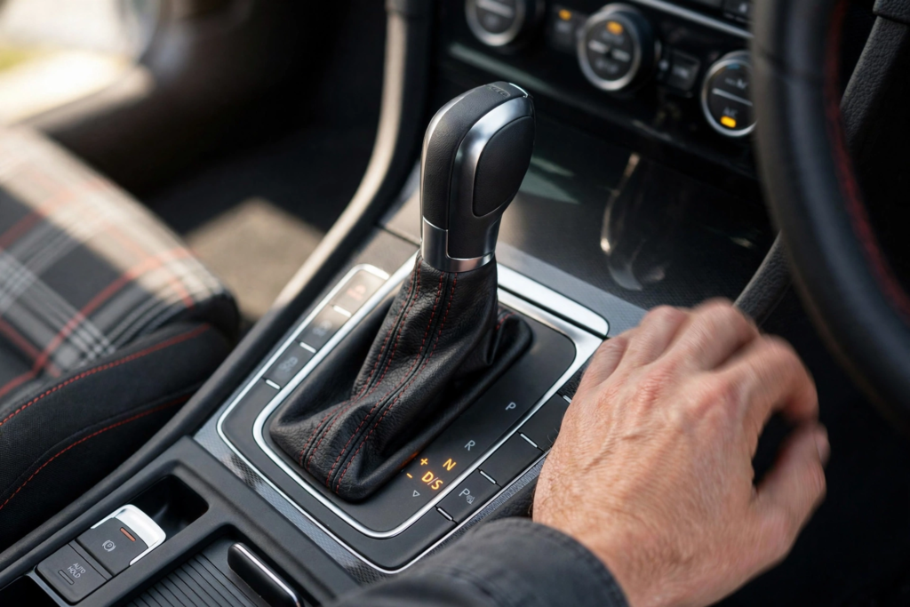 Close-up of Volkswagen DSG gear shifter in D S position showing common jerking and mechatronic failure symptoms for diagnosis