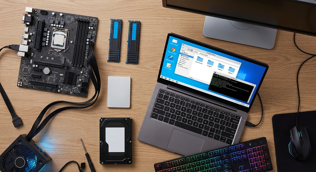 What Is a Computer System? Components, Functions, and How It Works 4 Computer hardware components and software interface showing the main parts of a computer system.