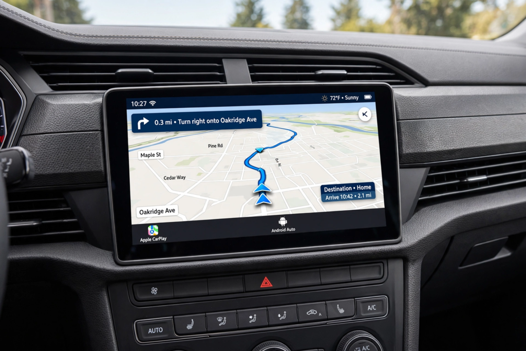 Volkswagen MIB infotainment touchscreen showing navigation map and smartphone connectivity with Apple CarPlay Android Auto for technology features