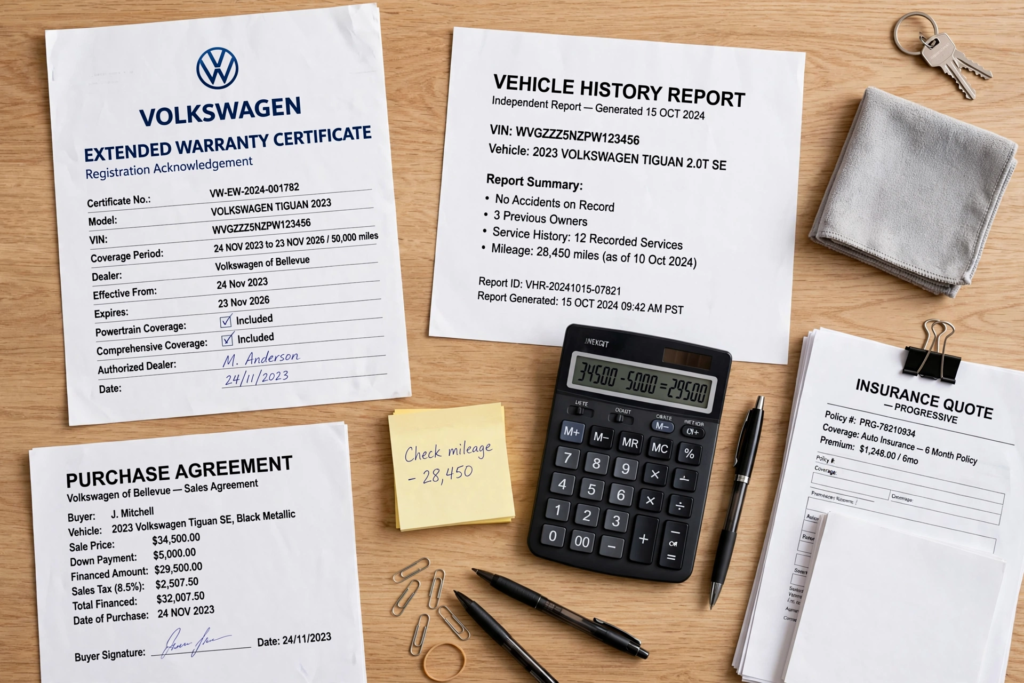 Top-down view of Volkswagen warranty documents vehicle history report purchase agreement and calculator showing total cost breakdown for buying guide