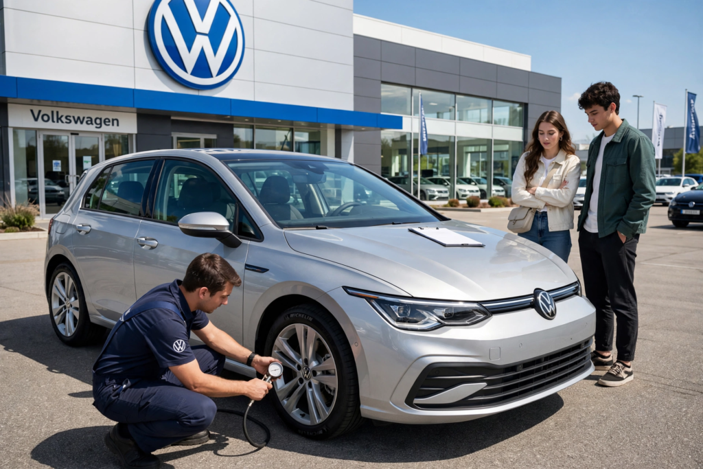 Couple inspecting silver Volkswagen Golf with technician checking front tire pressure during Volkswagen buying guide inspection with all doors correctly visible and aligned at dealership