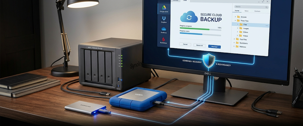 The Complete Guide to the 3-2-1 Backup Rule for Home and Business Users 3 Different storage media including external drive, SSD, NAS, and cloud backup used in a reliable backup system.