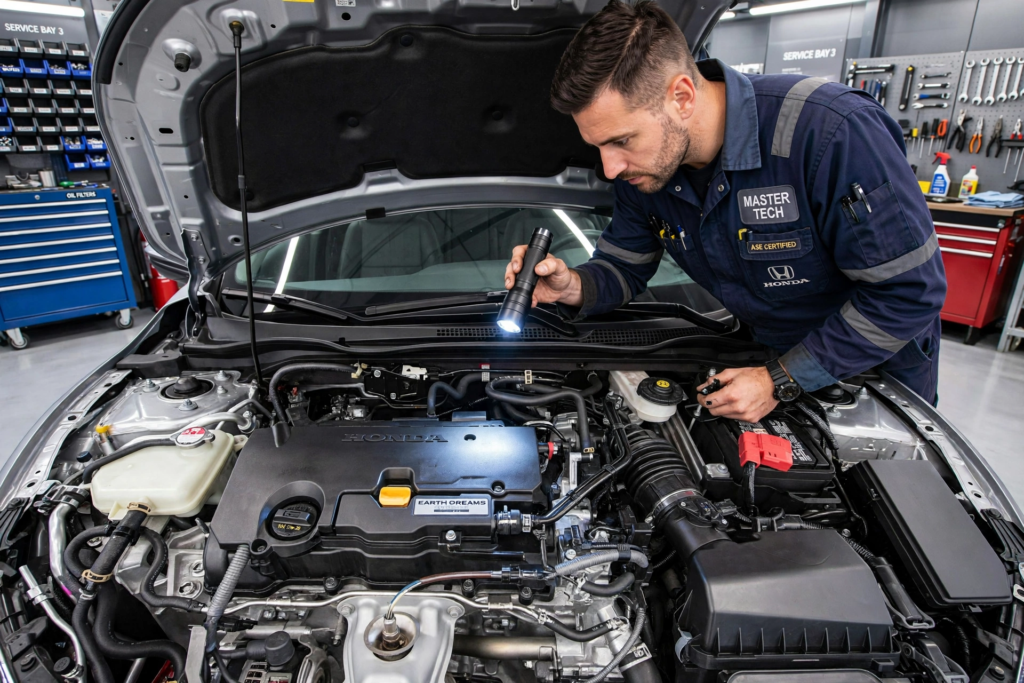 Complete Guide to Honda Civic: Generations, Trims, Reliability, and Buying Tips 4 Master technician inspecting Honda Civic engine bay checking for oil leaks and reliability issues during pre-purchase inspection for buying guide