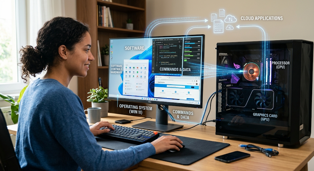 Hardware and software working together to perform computer tasks through digital instructions
