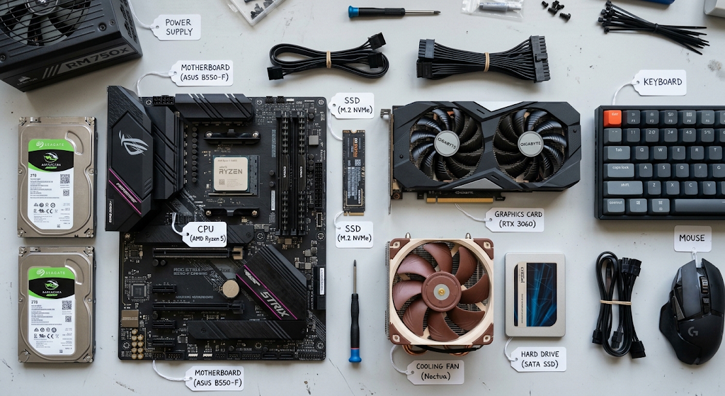 Realistic computer hardware components including CPU, motherboard, RAM, SSD, and graphics card