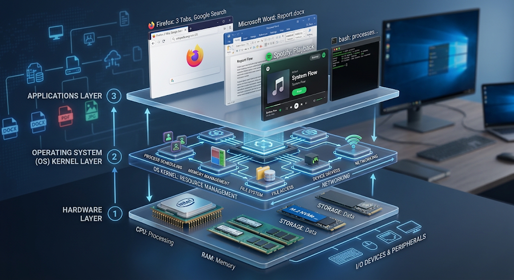 Operating system architecture showing hardware, kernel, system services, and application layers.