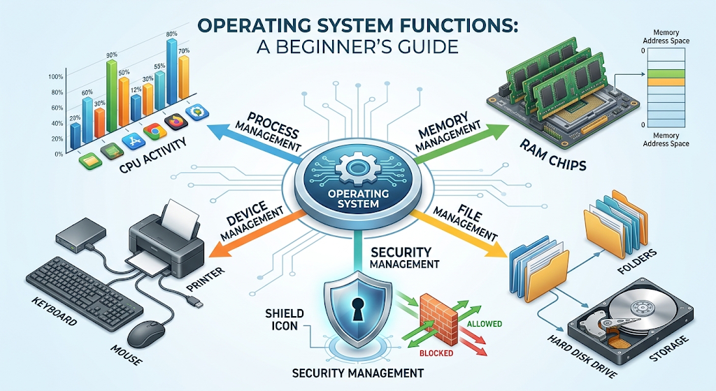 Five major operating system functions including process management, memory management, file management, device control, and security.