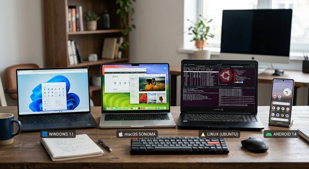 Comparison of Windows, macOS, Linux, and Android operating systems on different computing devices.