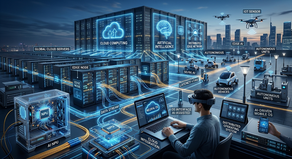 Future operating systems powered by artificial intelligence, cloud computing, edge devices, and advanced technology networks.