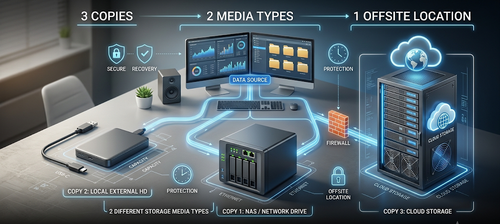 The Complete Guide to the 3-2-1 Backup Rule for Home and Business Users 2 Visual explanation of the 3-2-1 backup rule showing three copies, two storage media types, and one offsite backup.