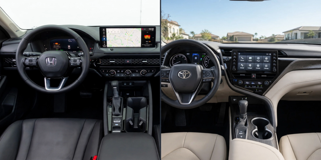Split interior comparison of Honda Accord dashboard black leather and Toyota Camry dashboard beige leather