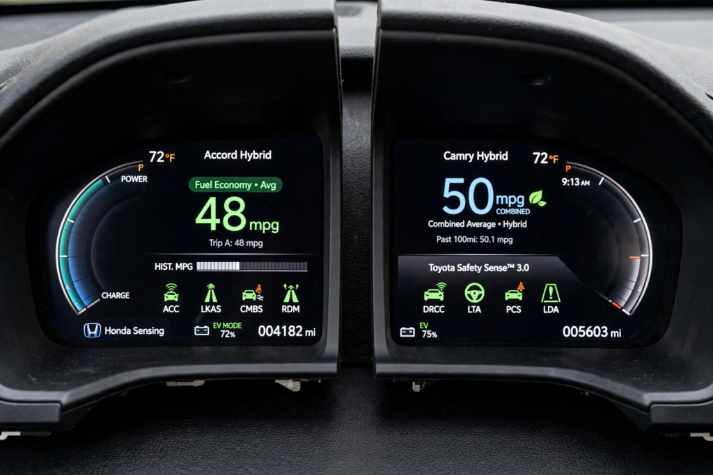  Side by side digital clusters showing Honda Accord Hybrid 48 mpg and Toyota Camry Hybrid 50 mpg