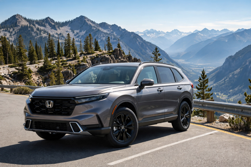  2026 gray Honda CR-V Sport Touring hybrid SUV on mountain road showing AWD capability and hybrid fuel economy for families guide