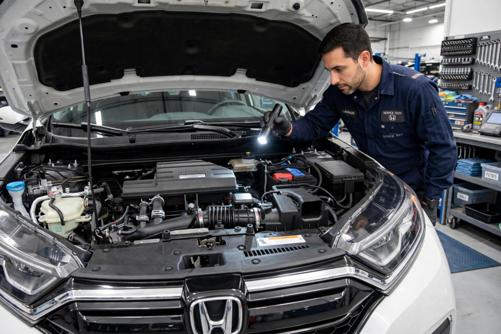 Mechanic J Morales inspecting white Honda CR-V engine bay checking for oil dilution and reliability issues during pre-purchase inspection