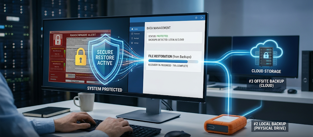 The Complete Guide to the 3-2-1 Backup Rule for Home and Business Users 5 Cybersecurity protection showing backups defending against ransomware attacks and data loss.