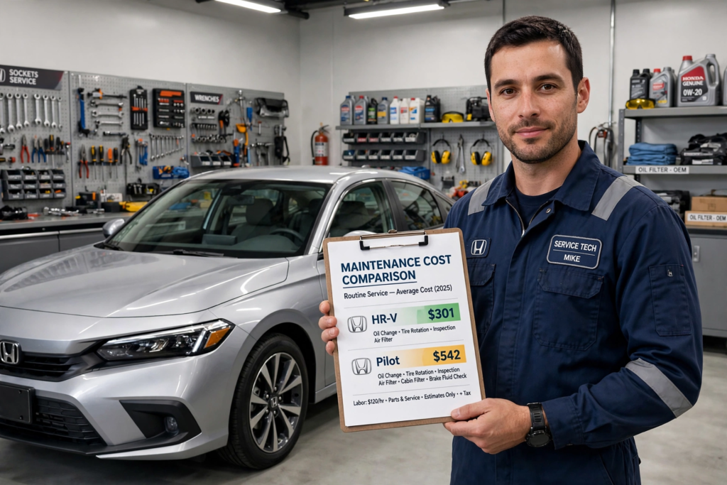 Service tech Mike holding maintenance cost comparison clipboard HR-V 301 dollars vs Pilot 542 dollars next to silver Civic for reliable Honda models ranking
