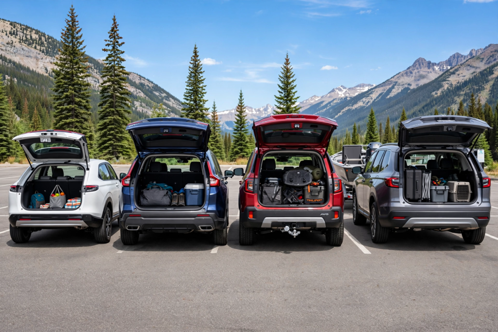 Honda SUV Lineup rear cargo comparison showing HR-V groceries vs CR-V duffel cooler vs Passport outdoor gear boat trailer vs Pilot luggage pet crate