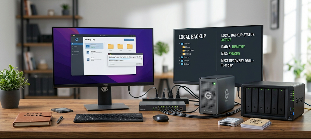 Local backup setup with external hard drive and NAS storage device for data protection