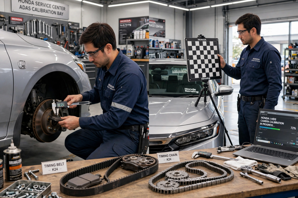 Honda brake pad thickness measurement 8.42mm with caliper and Honda Sensing ADAS windshield camera calibration with target board showing timing belt K24 vs timing chain K24