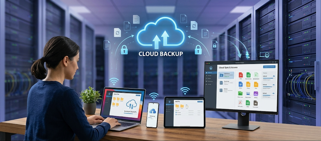 Cloud backup system showing online file storage, synchronization, and remote data access