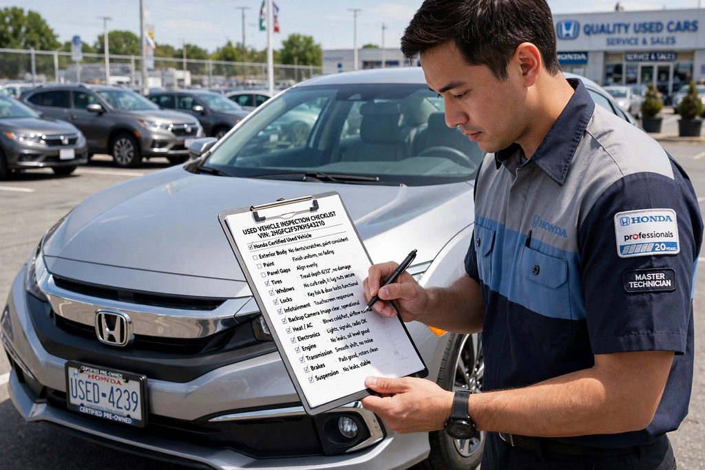 Honda master technician performing used vehicle inspection checklist VIN 2HGFC2F57KH543210 checking exterior body paint panel gaps tires windows locks infotainment backup camera heat AC electronics engine transmission brakes suspension