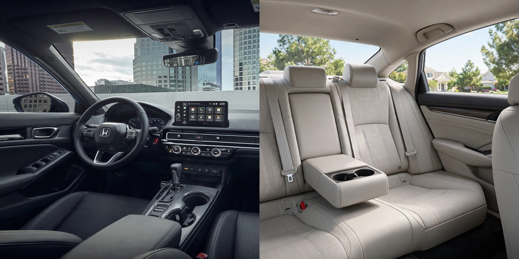 Honda Civic vs Honda Accord interior comparison showing Civic black dashboard touchscreen Honda Sensing and Accord beige spacious back seat with cupholder armrest and extra legroom